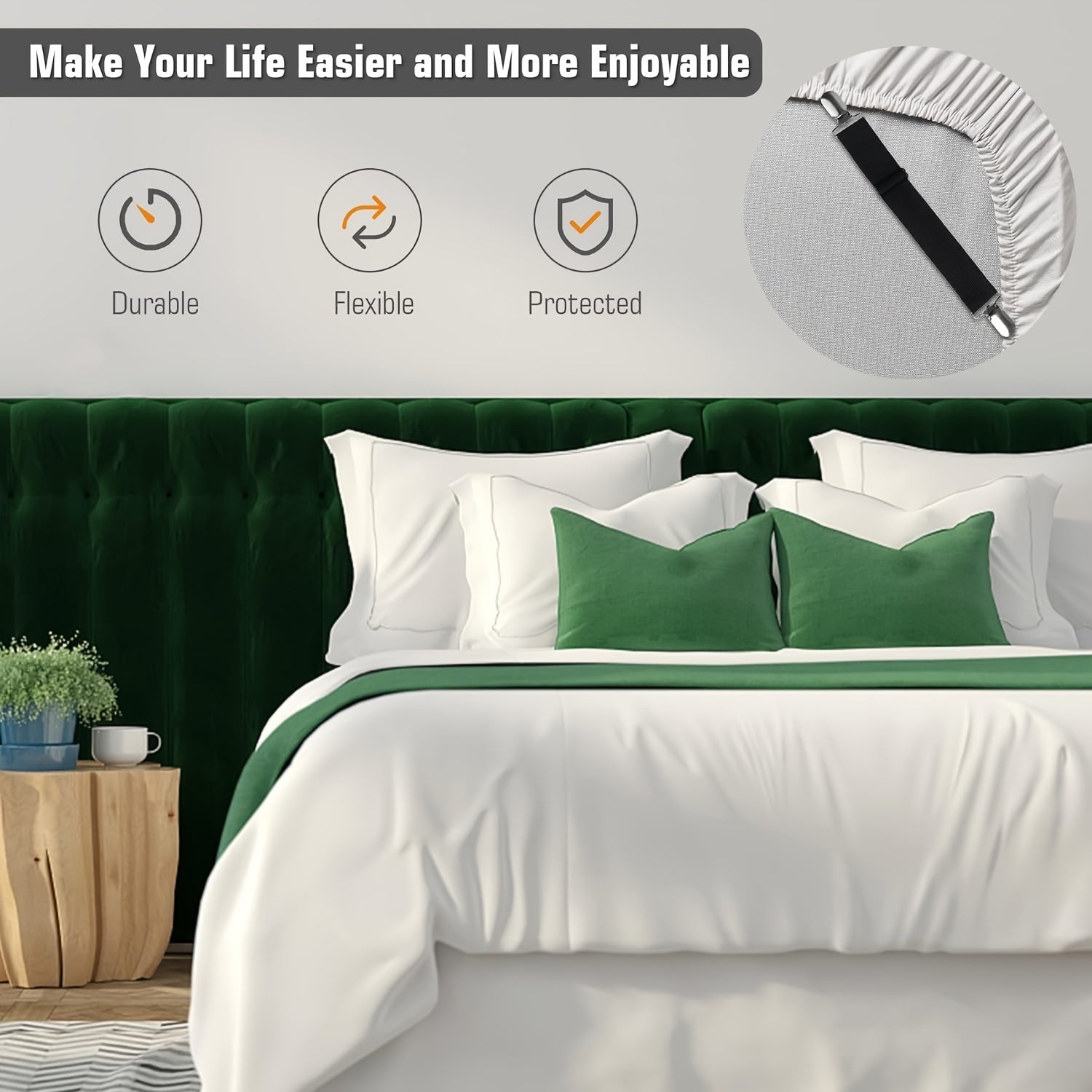 Adjustable Elastic Bed Sheet Straps Set of 2 Fitted Sheet Fasteners for Mattresses and Sofas