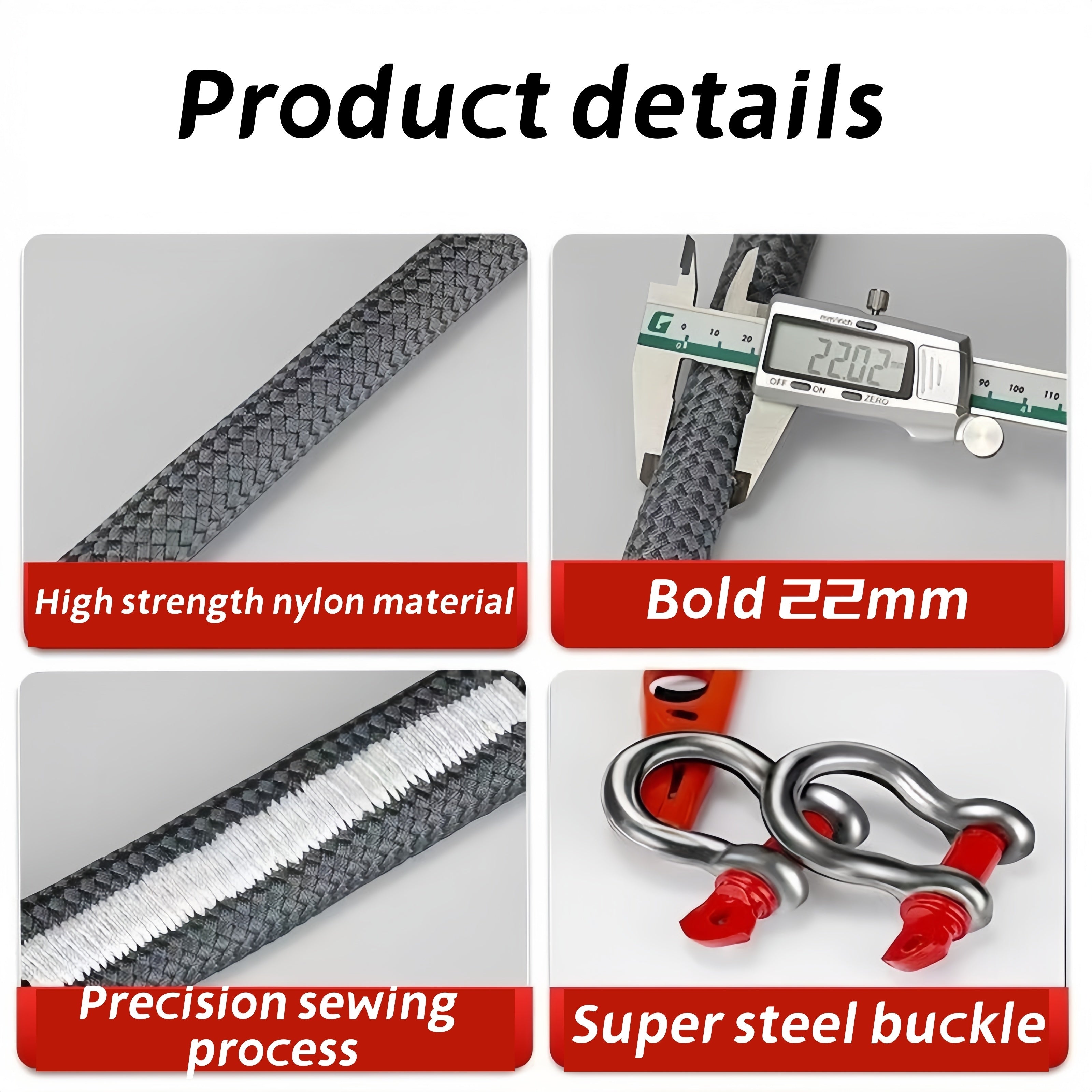 Cuerda de remolque de alta resistencia 5500 lb, recuperación de emergencia para coche, poliéster, gancho de acero reflectante