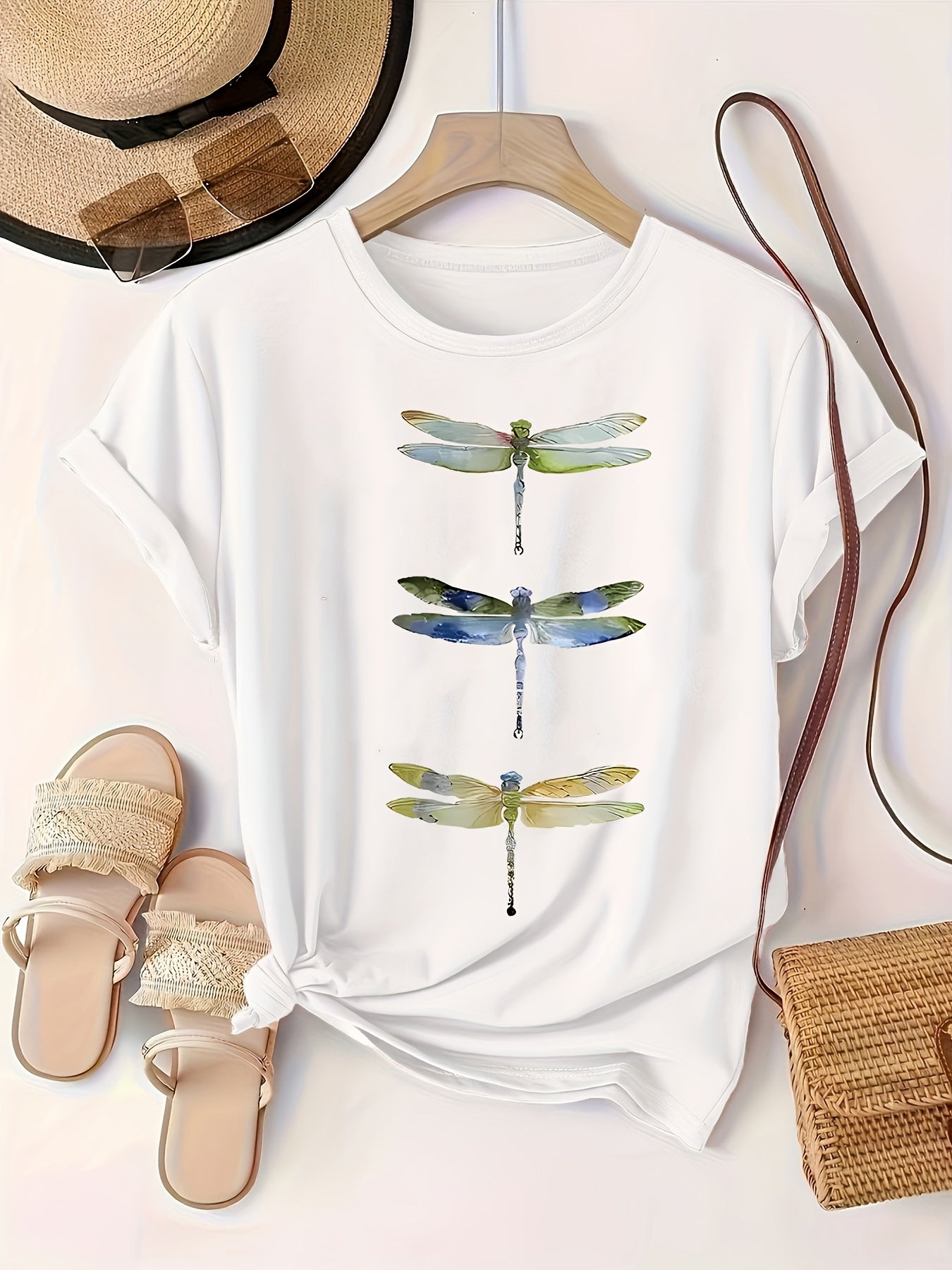 Women's White Short Sleeve Shirt with Colorful Dragonfly Print