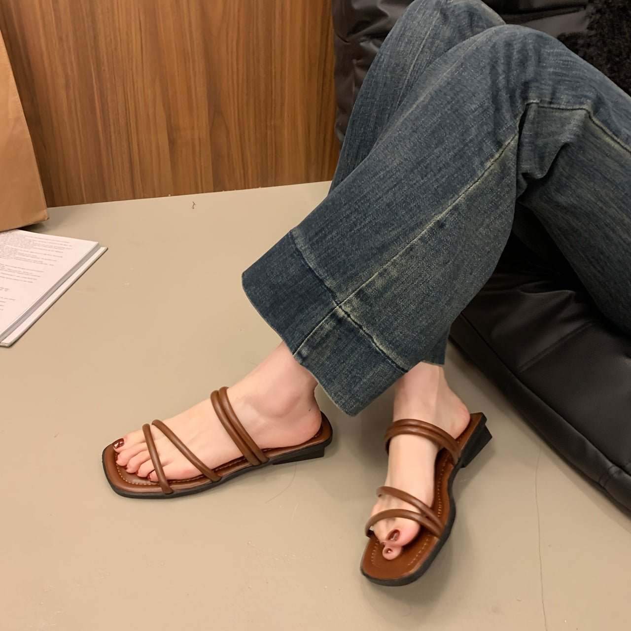 Women's Slip-On Backstrap Sandals Faux Cover Open-Toe Summer Slippers Black White Brown