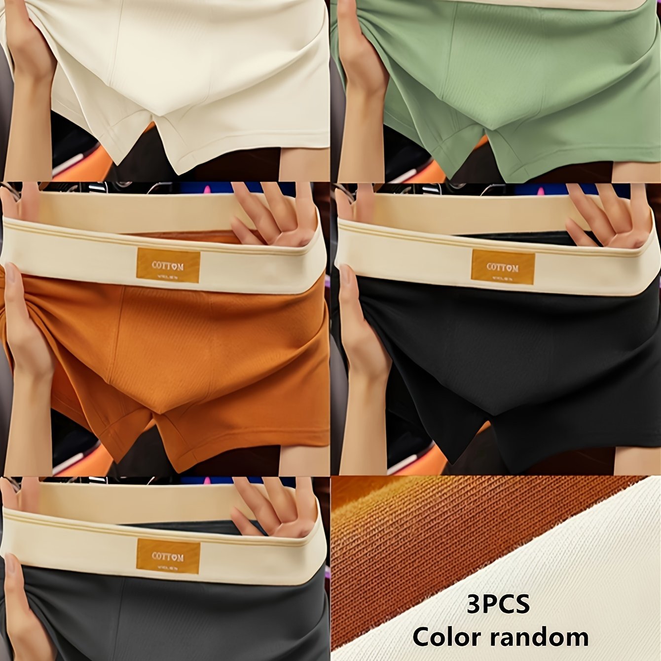 3 ta erkaklar uchun paxta boxer shortlari, elastik belbog' bilan, turli ranglarda