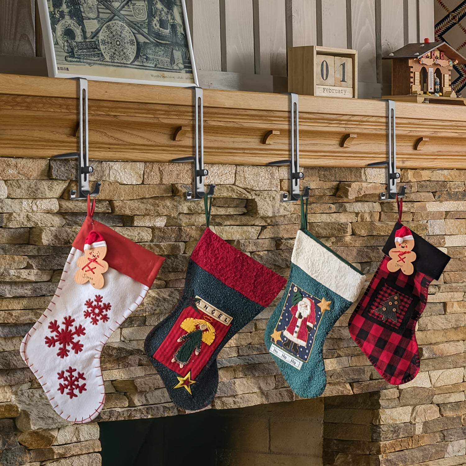 Set of Four Adjustable Metal Christmas Stocking Holders for Mantle Fireplace Decor