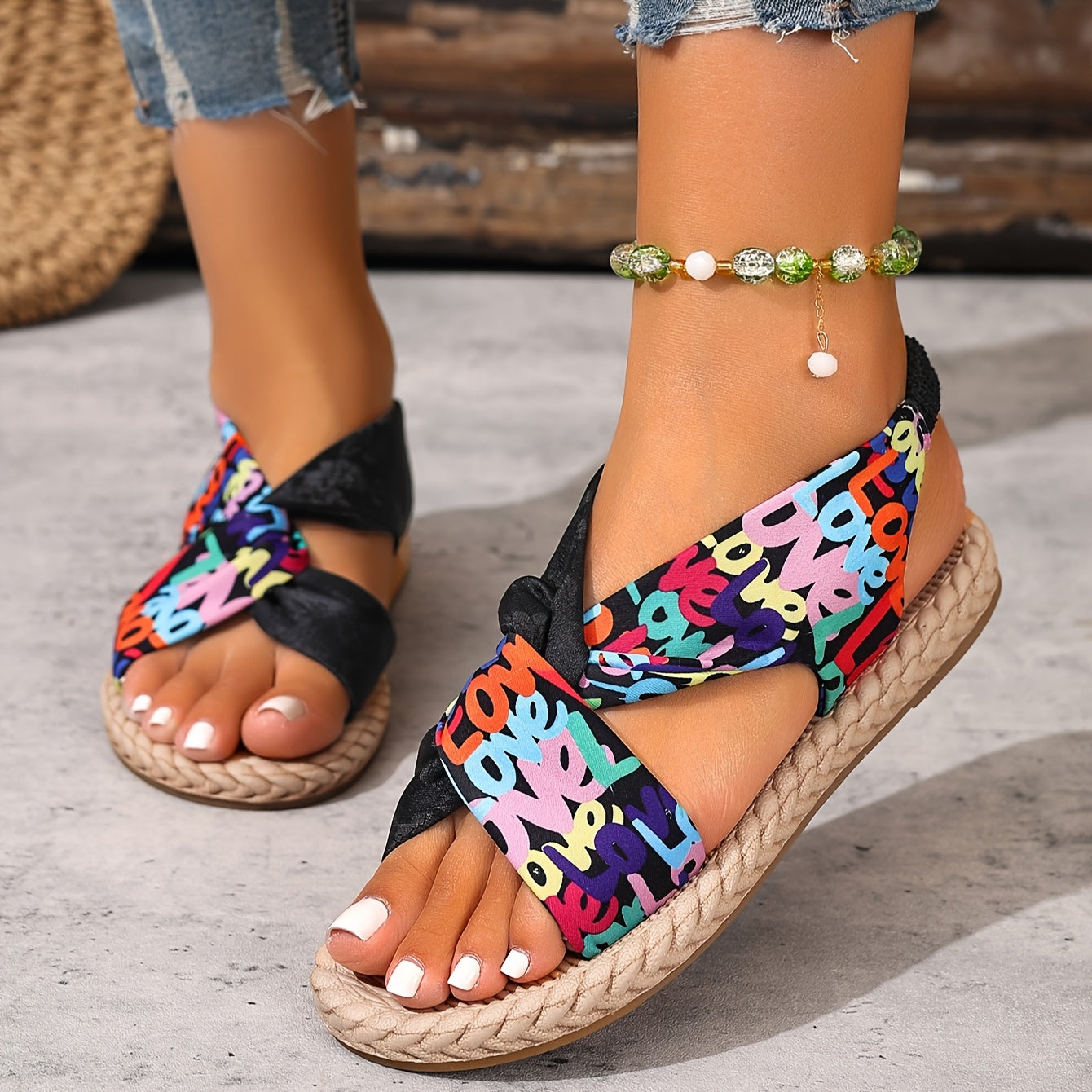 Women's Summer Sandals Open-Toe Breathable Fabric Flat Beach Shoes
