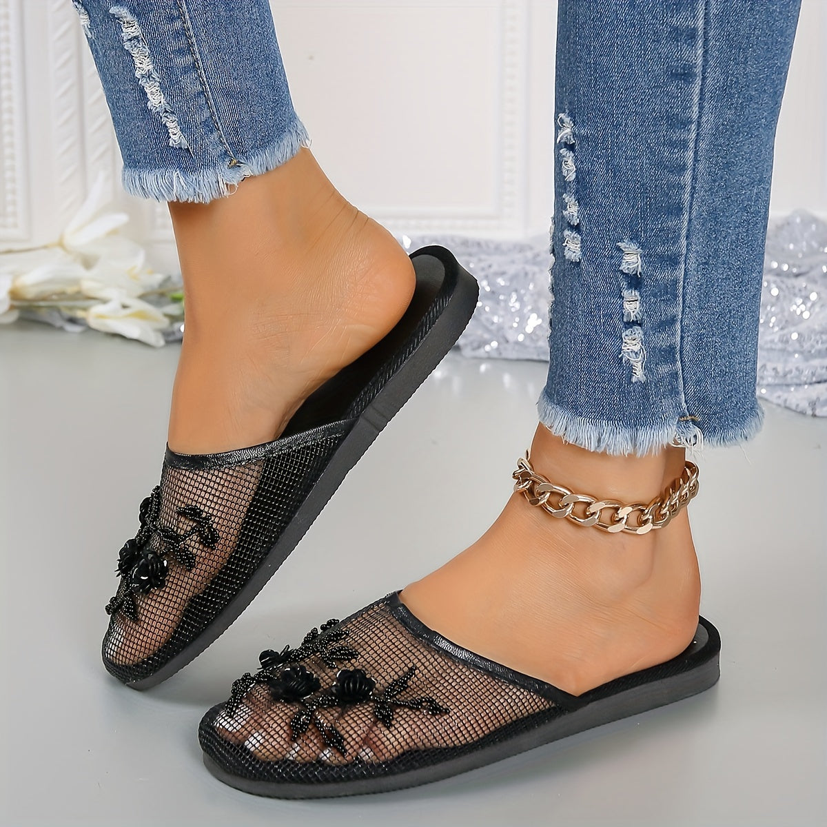 Women's Beaded Floral Slides Lightweight Summer Indoor Shoes Breathable Mesh Almond Toe EVA Sole