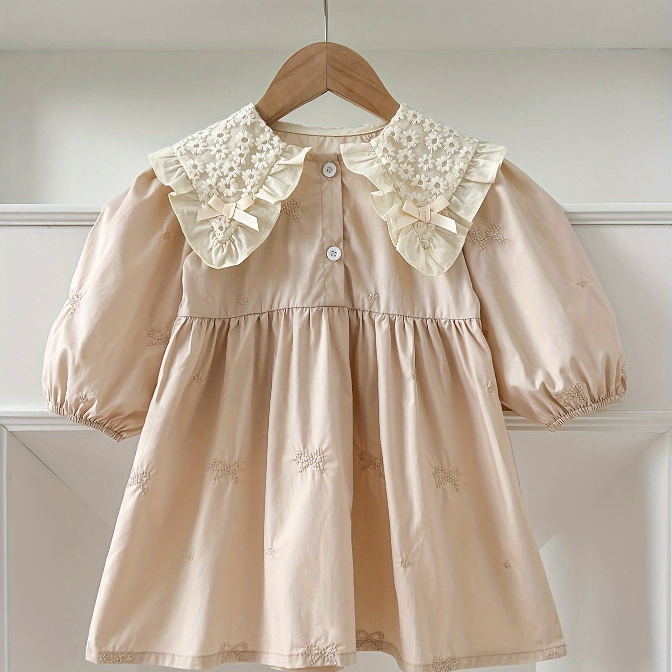 Girls' Navy Blue Cotton Princess Dress with Bow Ruffled Collar and Long Sleeves