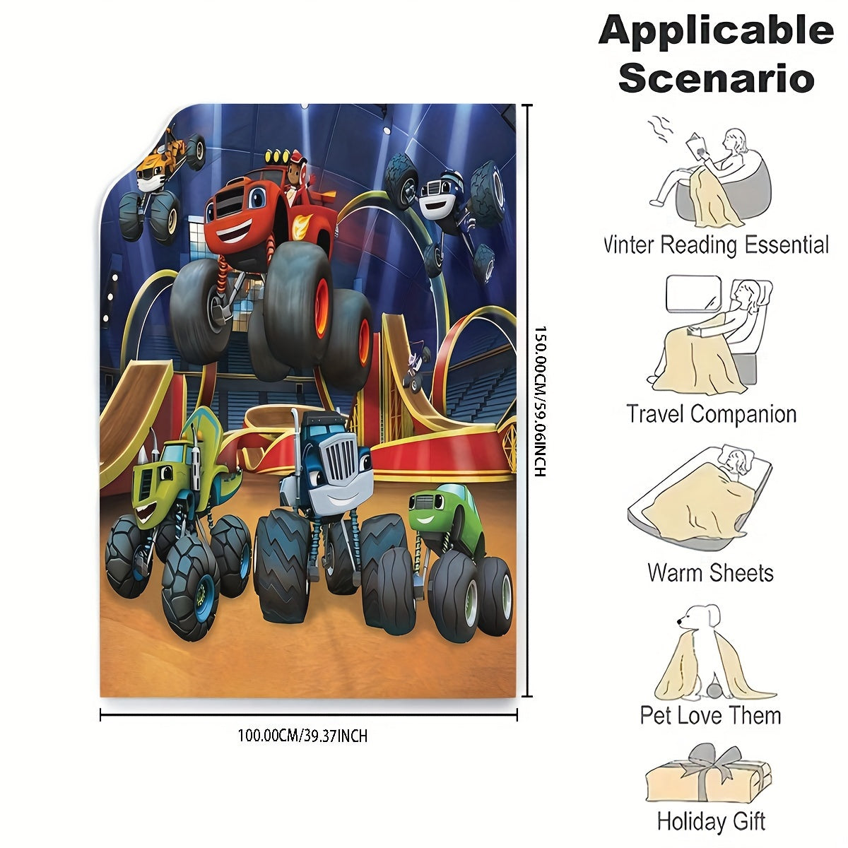 Monster Truck Flannel Fleece Throw Blanket Cartoon Design Hypoallergenic Easy to Clean Versatile Bedding