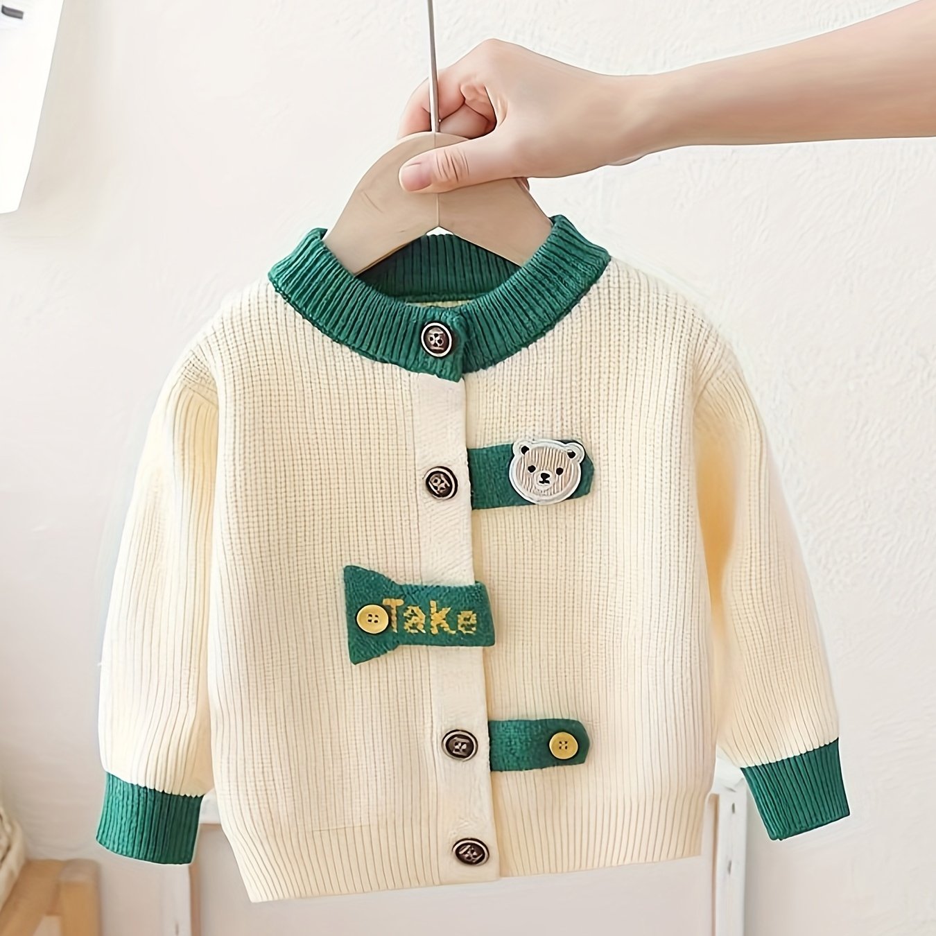 Boys' Mustard Yellow Knit Cardigan with Bear Patch Long Sleeve Fall Winter Kids' Sweater