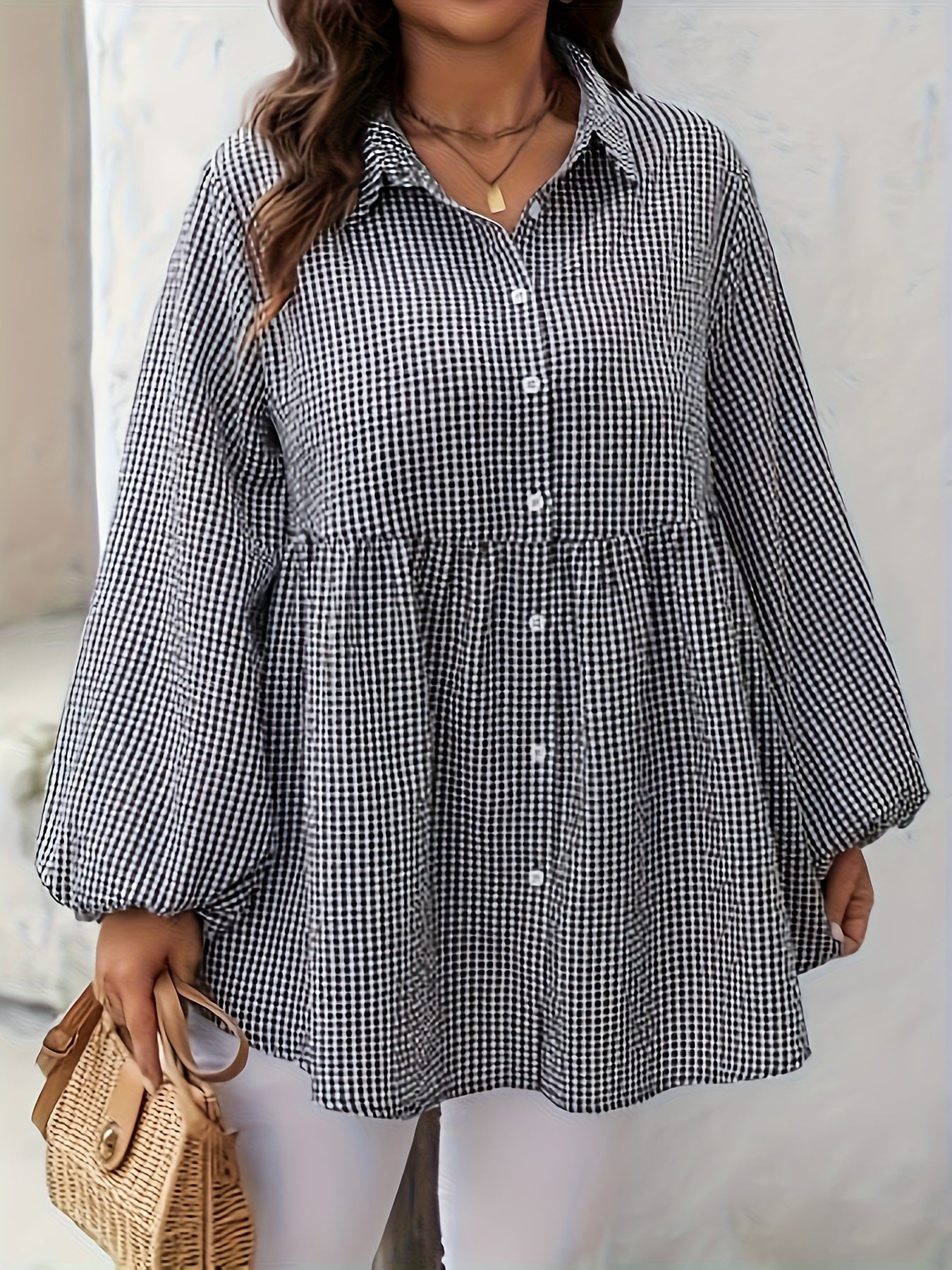 Plus Size Gingham Check Blouse For Women Linen Lantern Sleeve Loose Fit