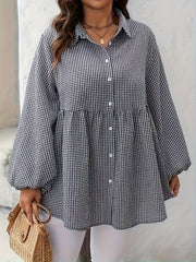 Plus Size Gingham Check Blouse For Women Linen Lantern Sleeve Loose Fit