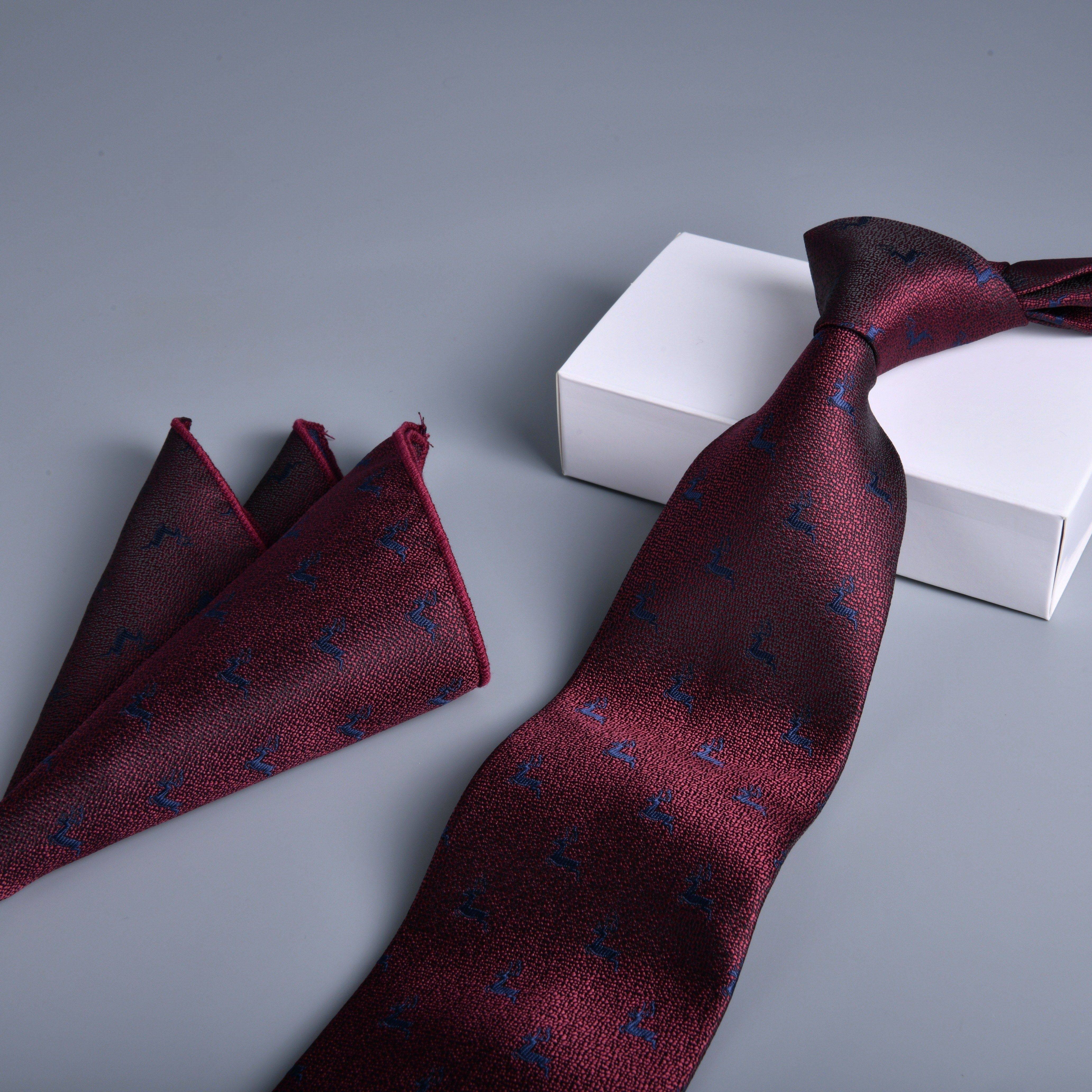 Men's Jacquard Deer Tie and Pocket Square Set Polyester Woven Design
