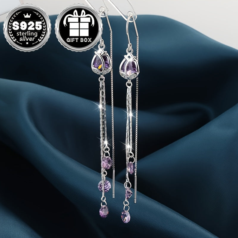 Sterling Silver Pendant Earrings with Synthetic Amethyst Cubic Zirconia 2-Pair Set