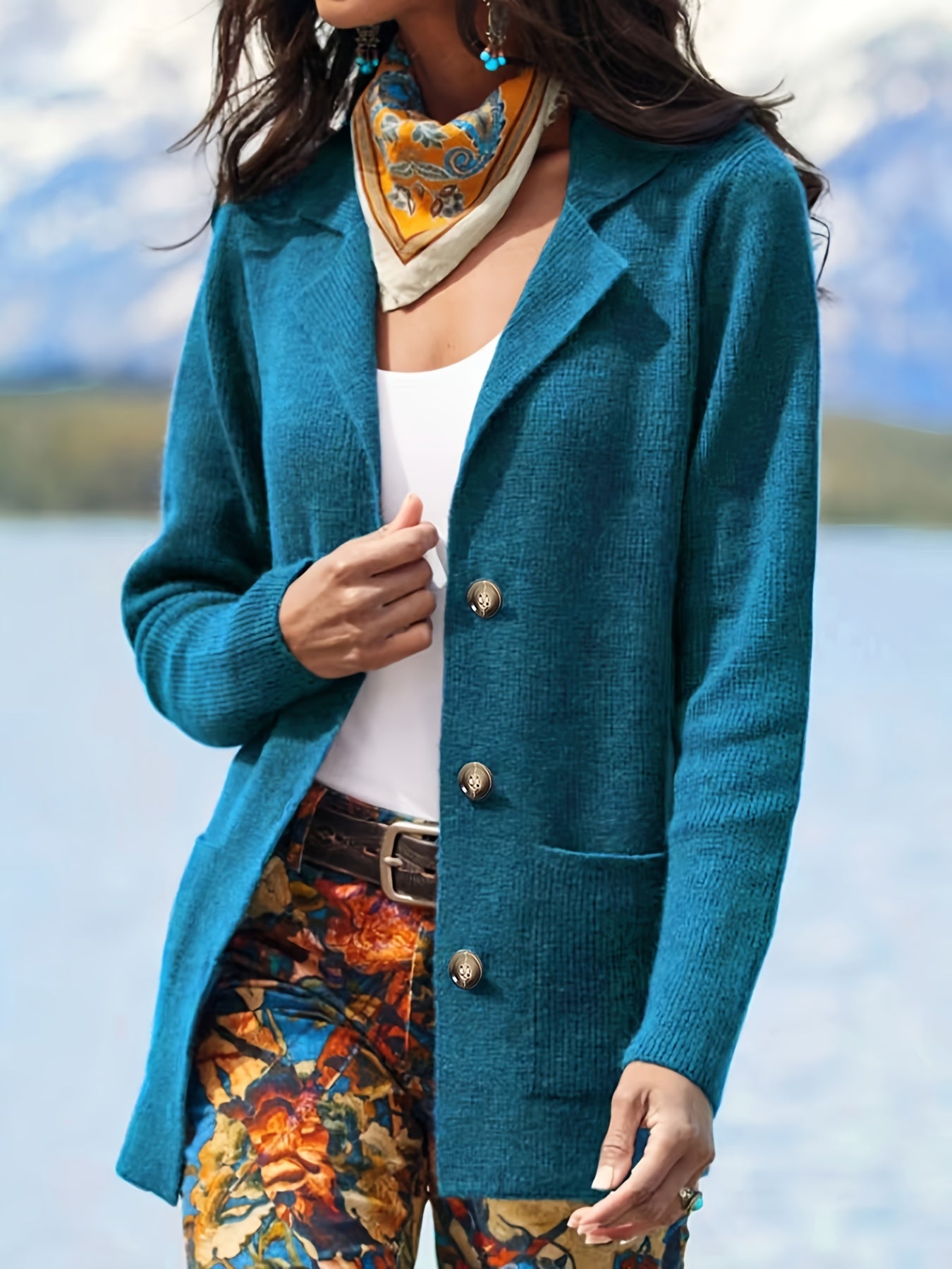 Plus Size Women's Teal Long Sleeve Cardigan with Pockets Winter Casual Outerwear