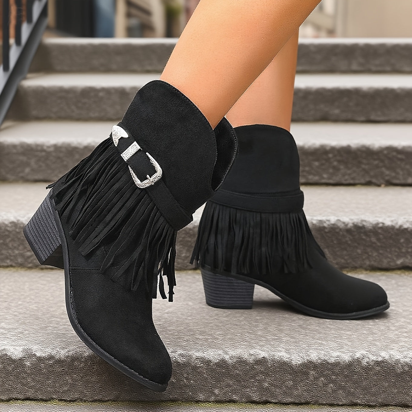 Women's Mid-Calf Faux Leather Slip-On Boots with Tassel and Flared Heel