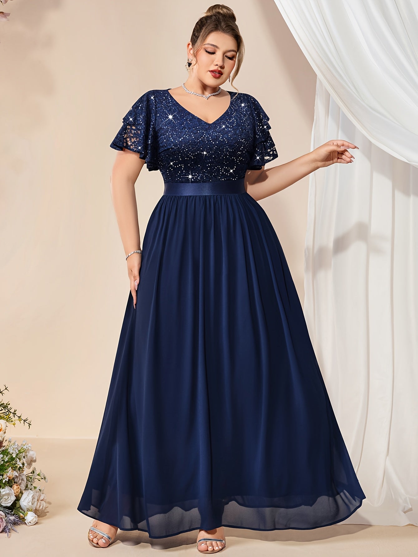 Women Maxi Dress Lace Beaded V-Neck Chiffon Party Summer Plus Size