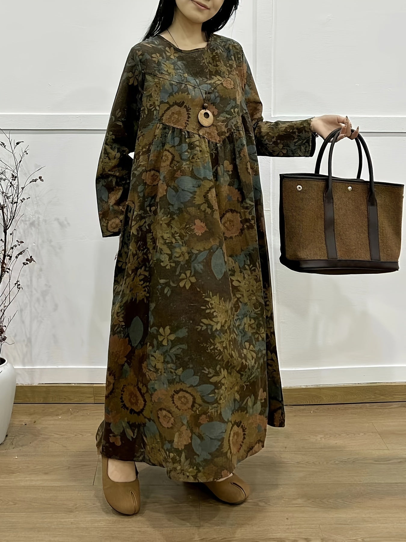 Women's Linen Dress with Long Sleeves and A-Line Patchwork Skirt