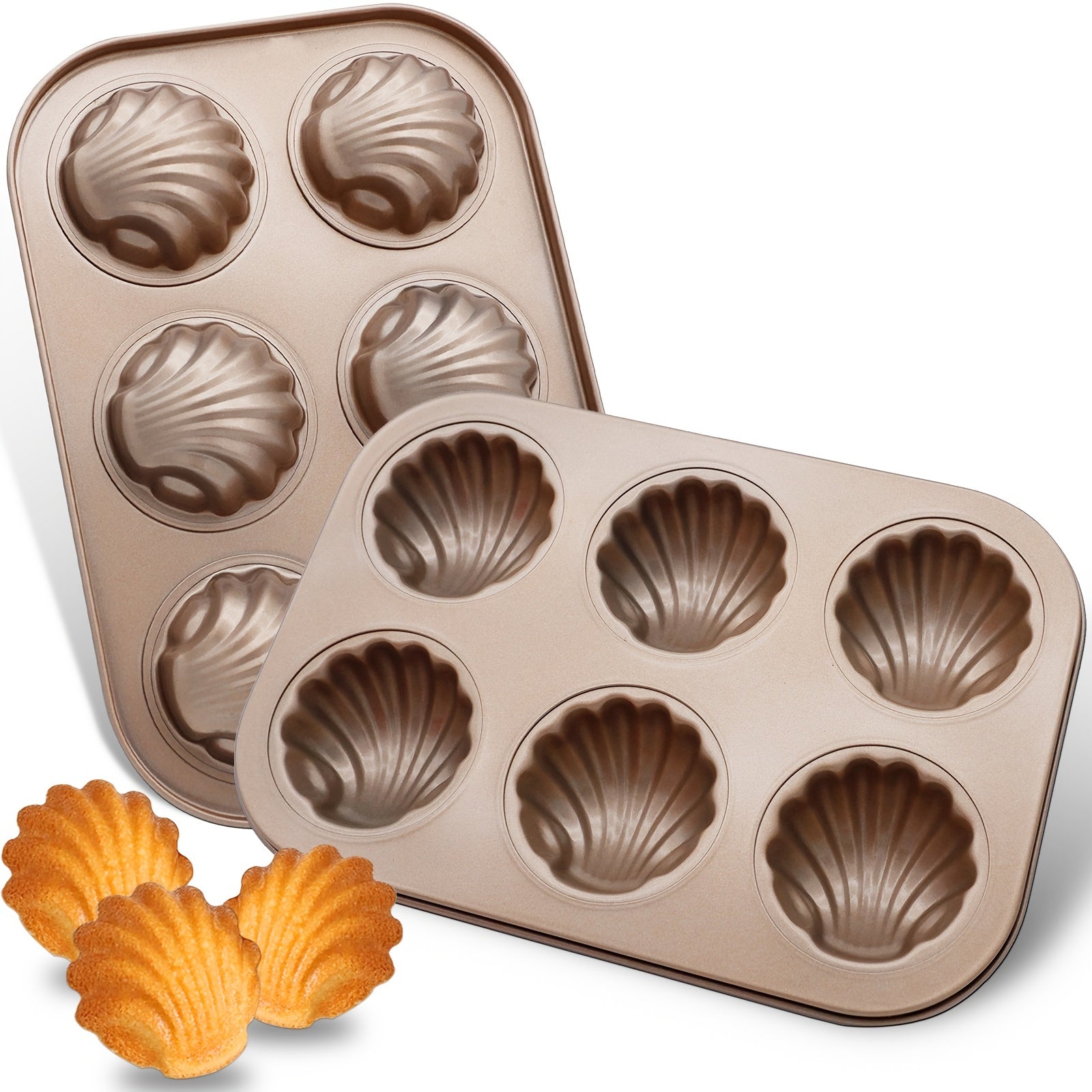 Non-Stick Madeleine Pans 6-Cavity Shell-Shaped Baking Pan Oven Safe Golden