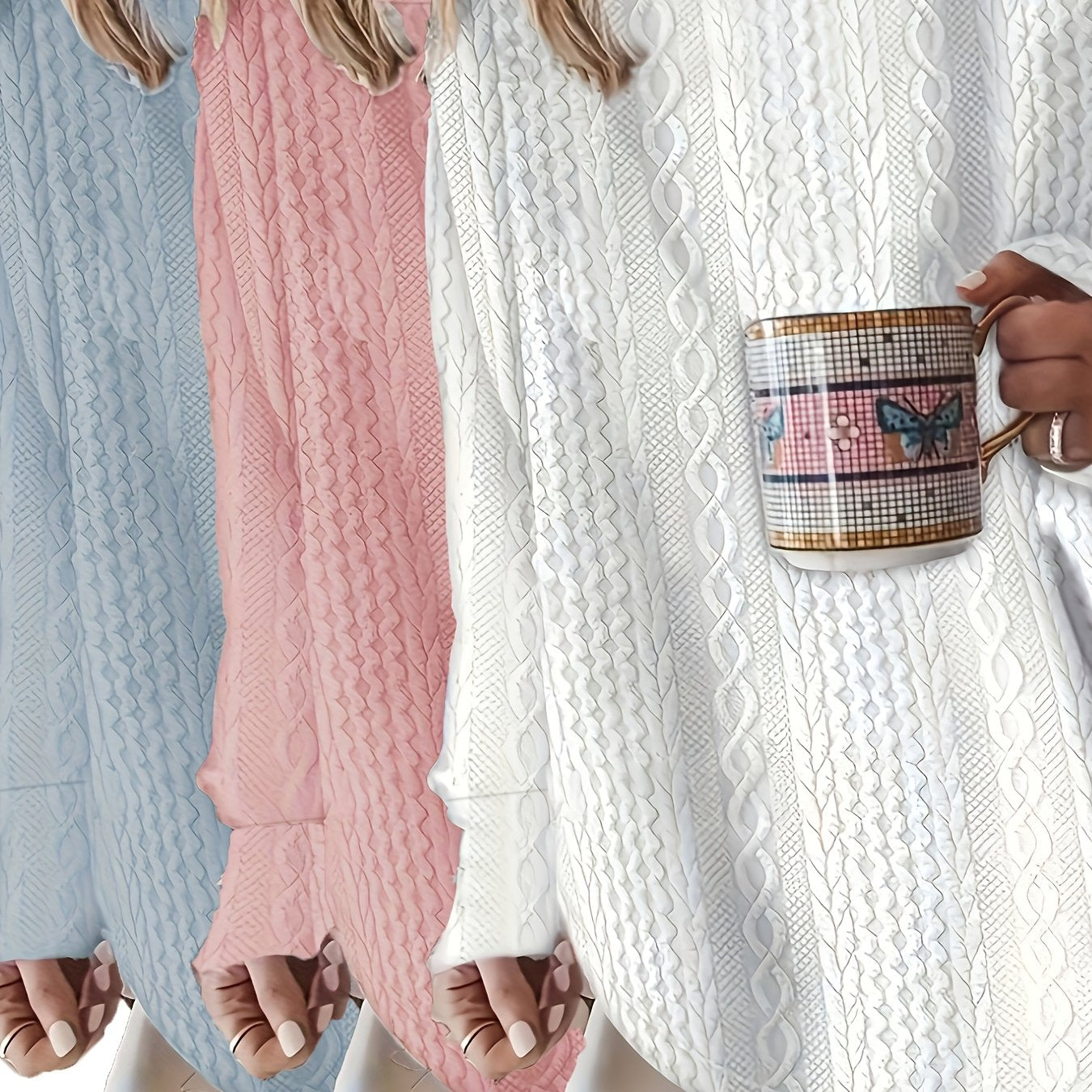 Plus Size Women's Cable Knit Long Sleeve T-Shirts Polyester Casual Pullover Top 3-Pack