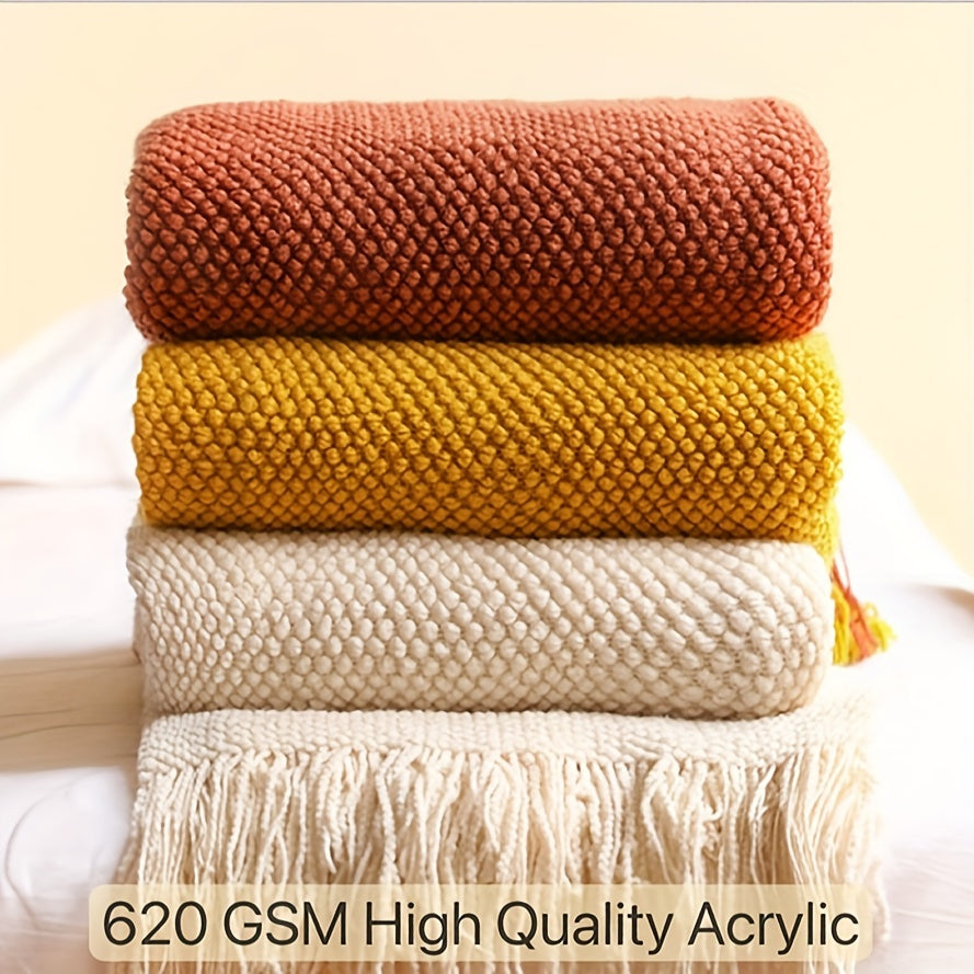 Knit Throw Blanket with Tassels Lightweight Acrylic Bubble Texture for Couch Bed Decor