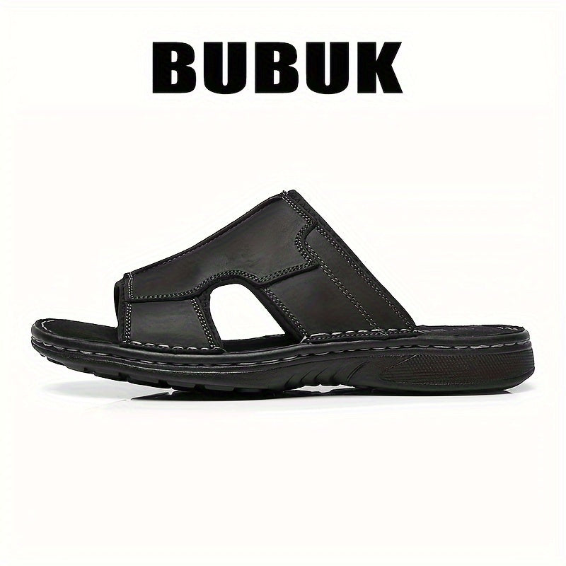 Men's Leather Slide Sandals Non-Slip Sole Open-Toe Casual Beach Outdoor