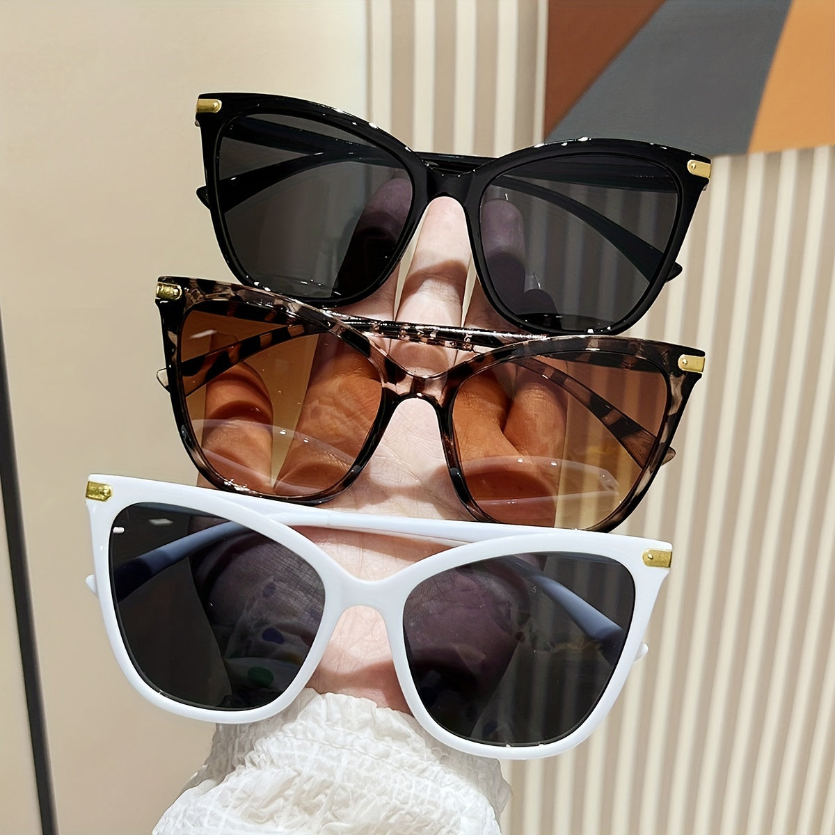 Three Pairs Retro Cat Eye Glasses with Rice Nail Design for Driving and Street Fashion