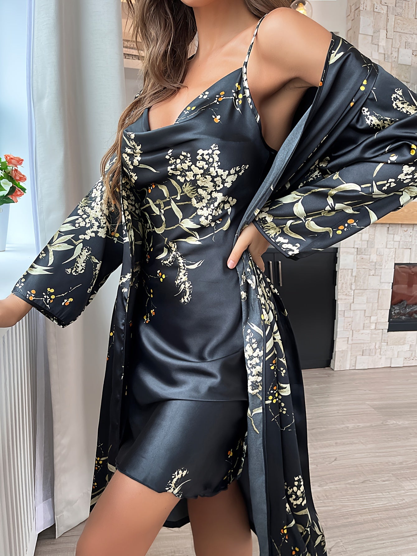 Women's Cherry Print Satin Robe Set 2-Piece All-Season Loungewear
