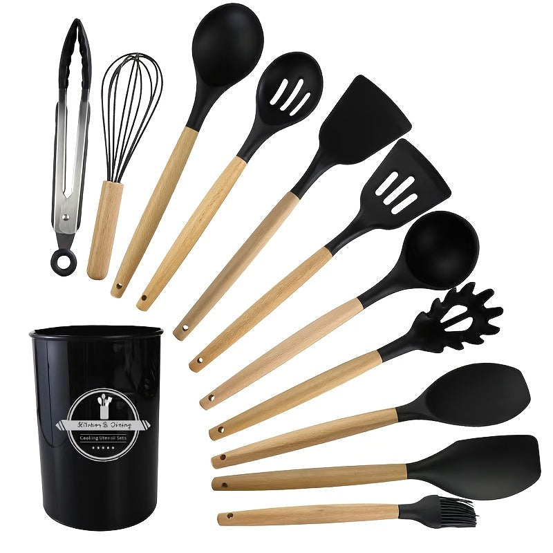 Silicone Kitchen Utensil Set 12 Pieces Non-Stick Food-Safe Cooking Tools with Wooden Handles