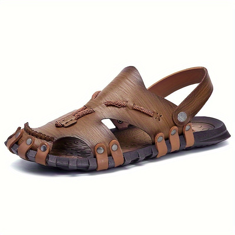 Men's Casual Sandals Synthetic Leather Slip-On Summer Brown Black Durable Comfort