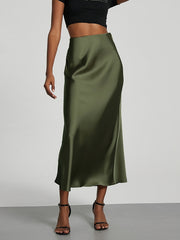 Women's Black Satin High-Waisted Maxi Skirt A-Line Elegant Long Dressy Casual
