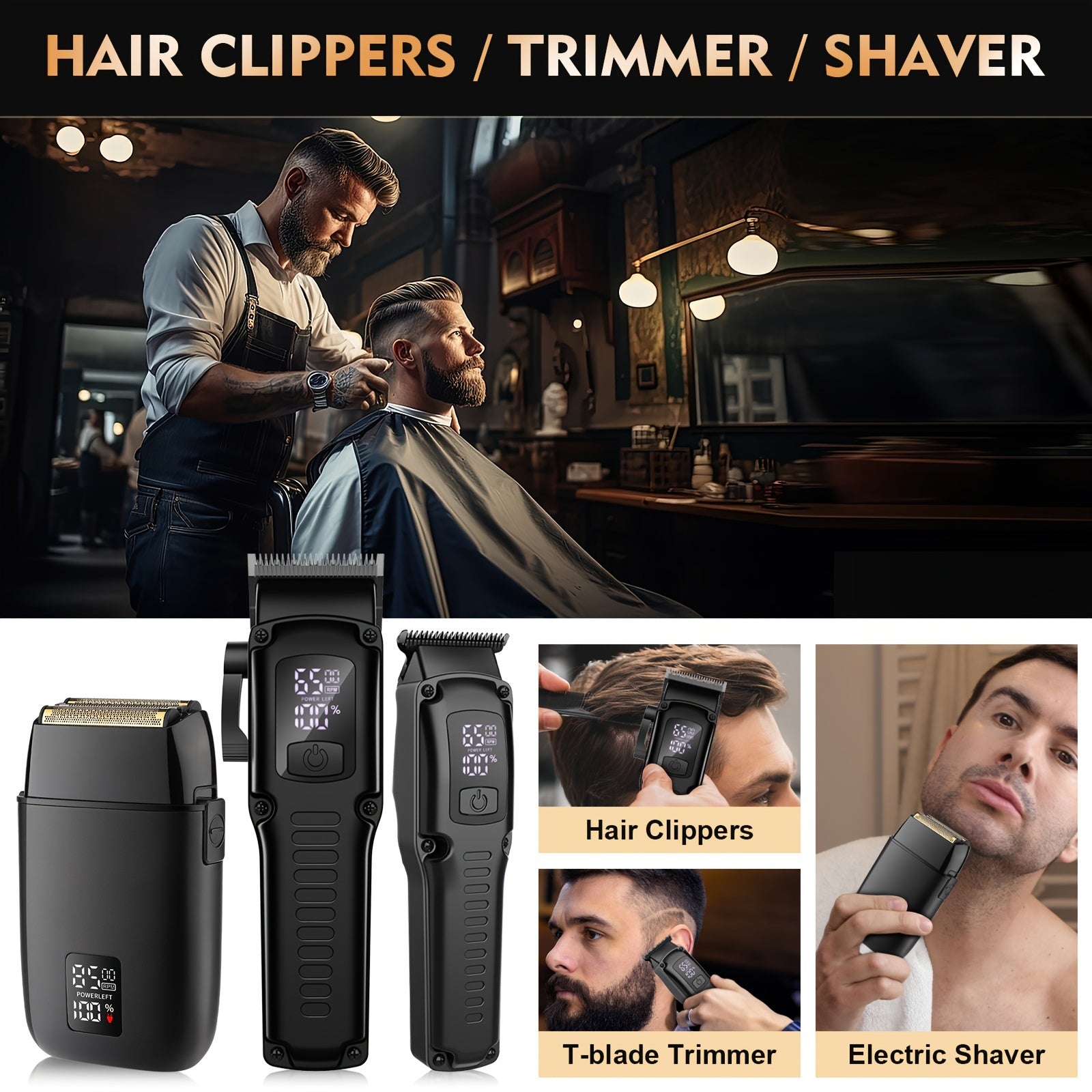 Set of 3 professional electric hair clippers with strong power and 3-in-1 functionality