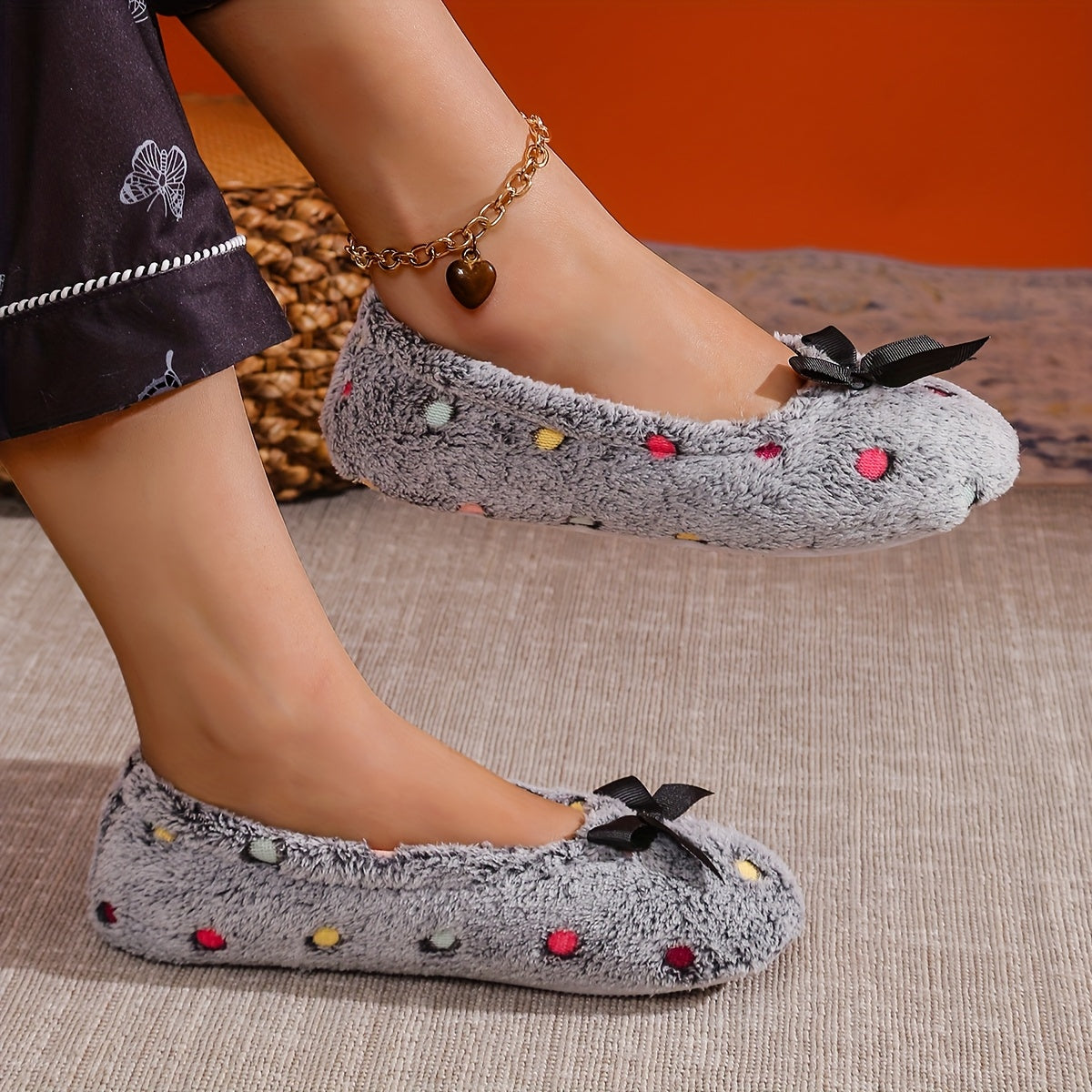 Women Polka Dot Slip-On Shoes Plush Indoor Home Non-Slip Gray Pink Brown