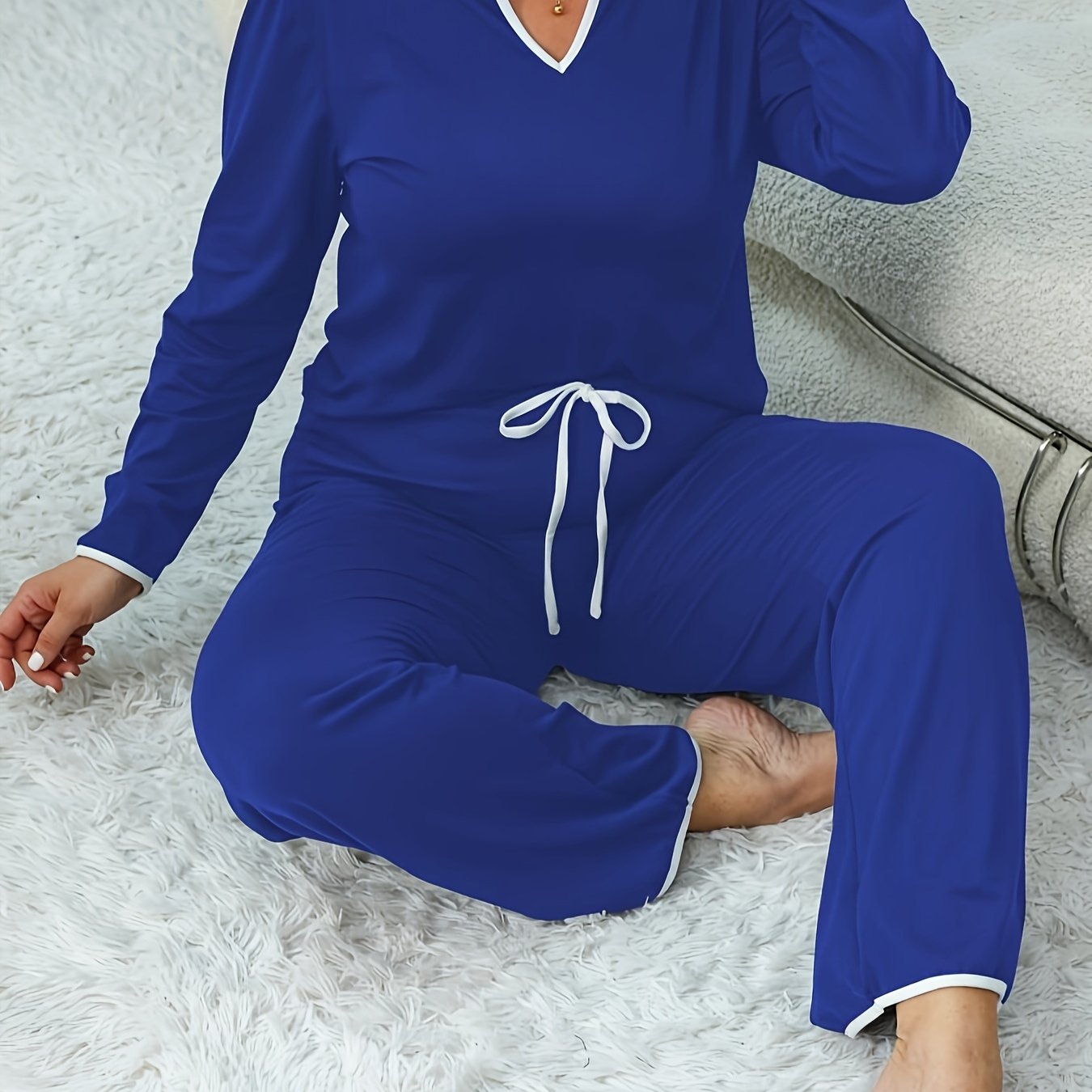 Plus Size Lounge Set Women Notched Neck Long Sleeve Tee & Lace Up Pants