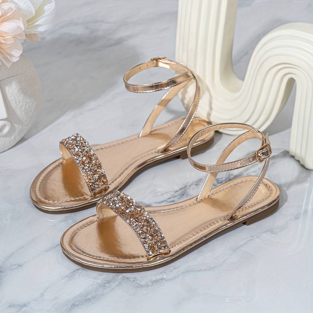 Women's Sequin Flat Bare Strap Sandals Open-Toe Casual Summer Beach Shoes