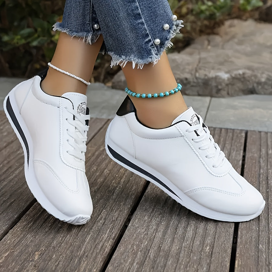 Women's White Breathable Casual Sneakers with Rubber Sole and Black Accents
