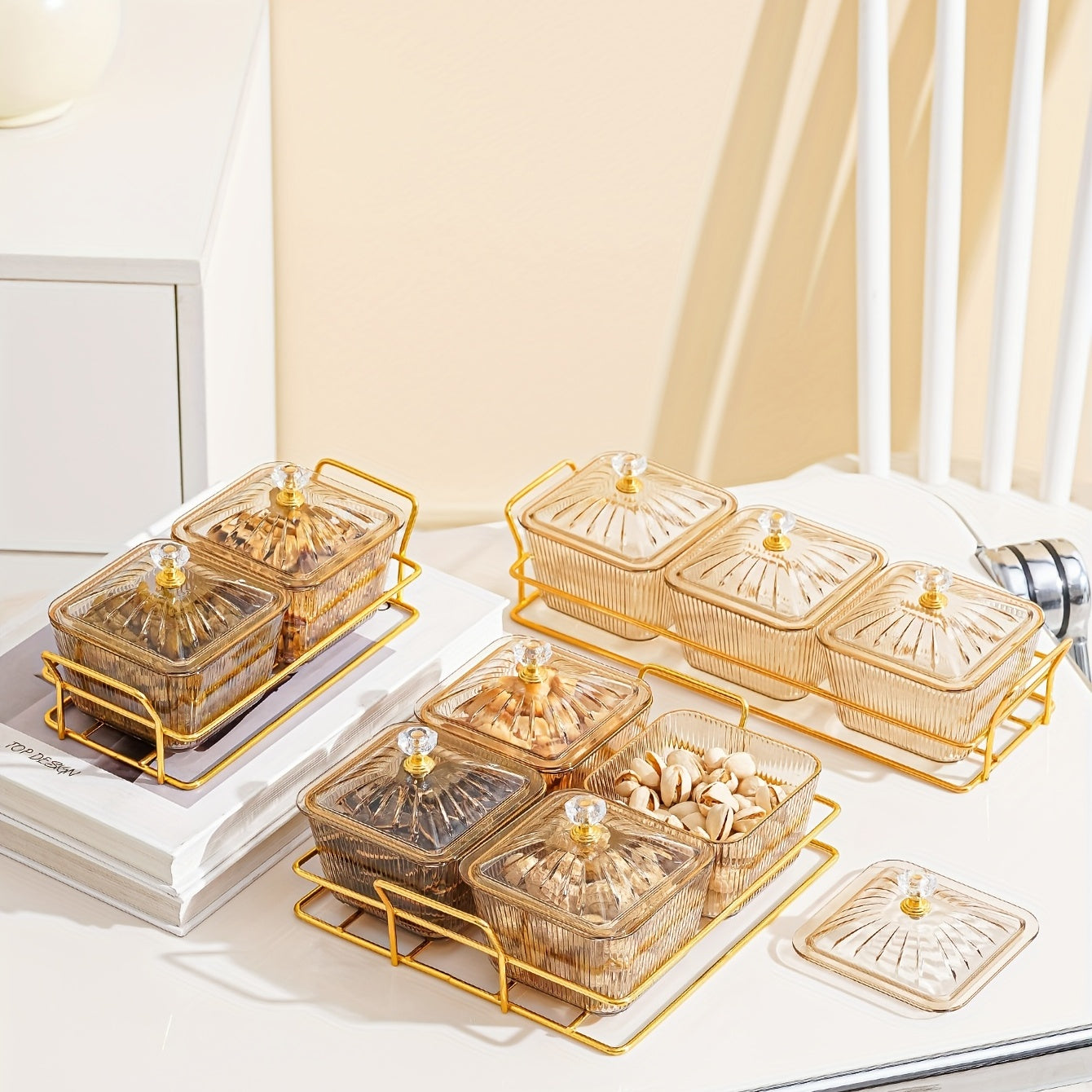 Amber Gold-T trimmed Serving Set for Dried Fruit and Nuts with Beaded Decorations