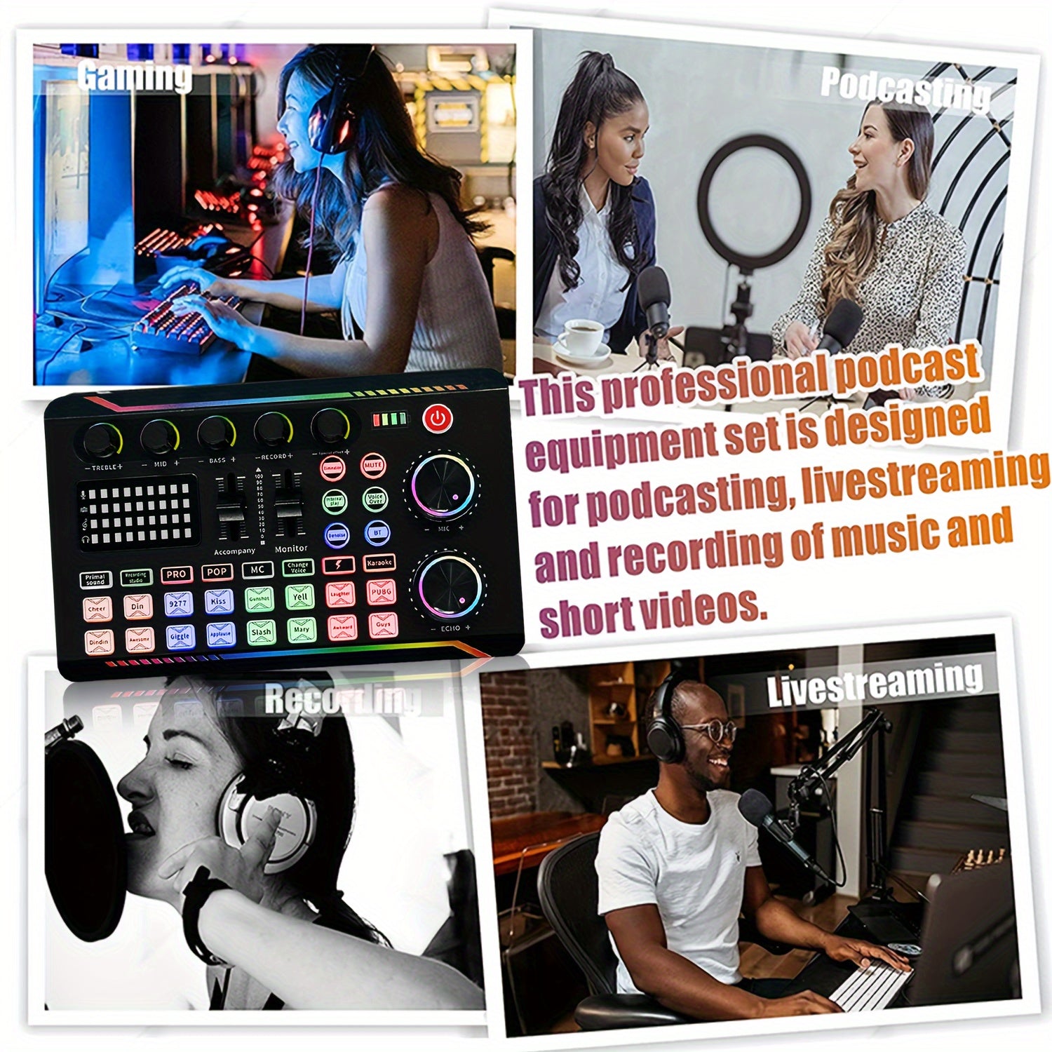 Professional Podcasting Microphone Kit with Live Sound Card and Mixer Black 3.5mm USB Charging