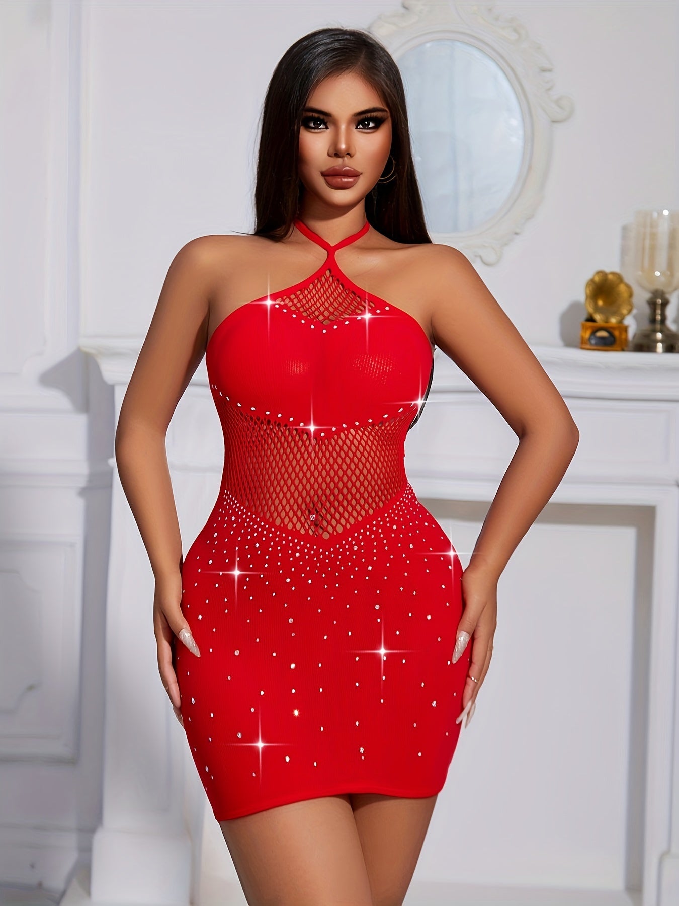 Women's Polyamide Stretch Fabric Halter Neck Bodycon Dress with Hollow Mesh Detail