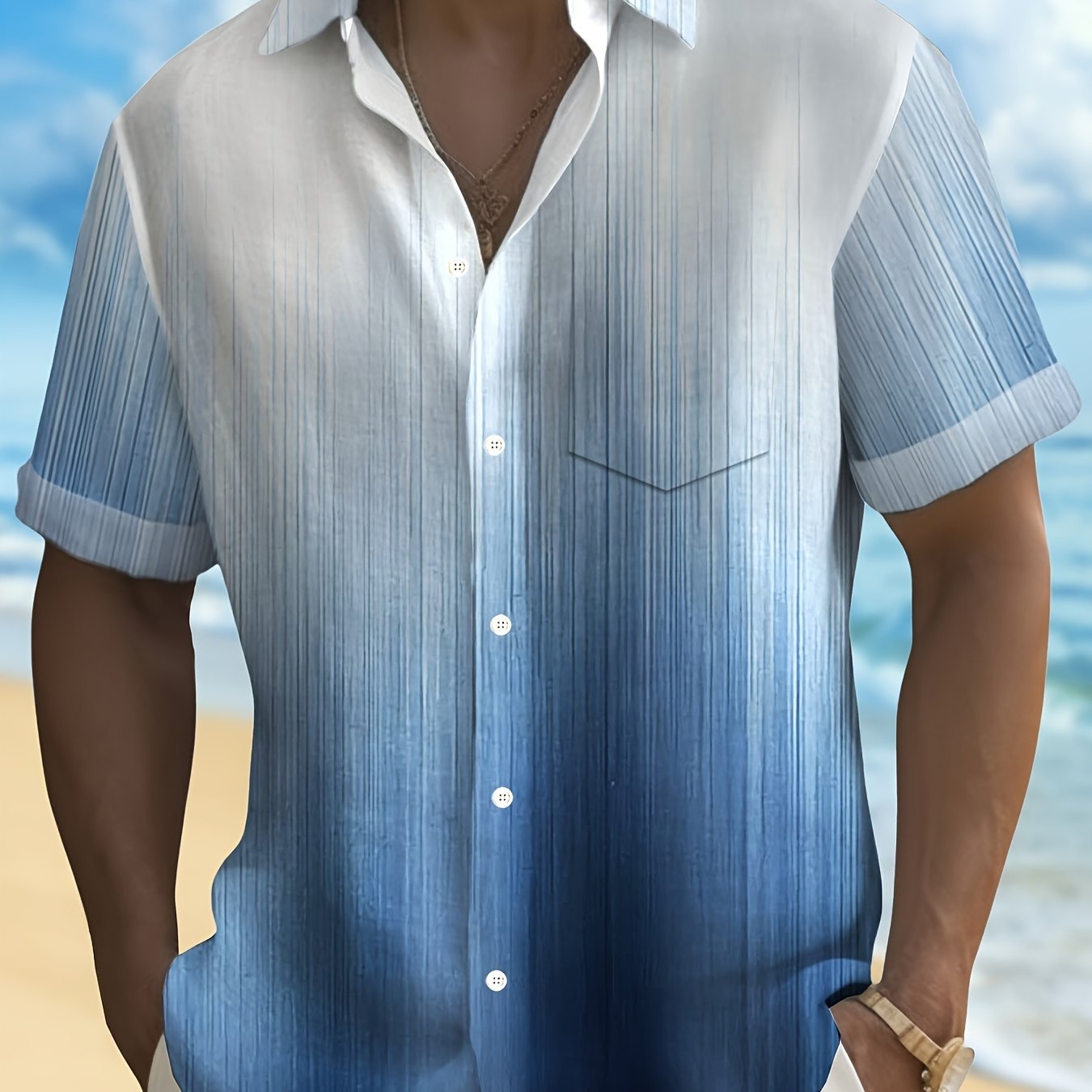 Yengil polyesterdan tayyorlangan, ko'krak cho'ntagi va mashinada yuvish imkoniyati bilan ta'minlangan, erkaklar uchun gradient Gava tugmachali ko'ylak, KATTA O'LCHAMDA mavjud. Yozgi ta'til uslubi uchun ideal.