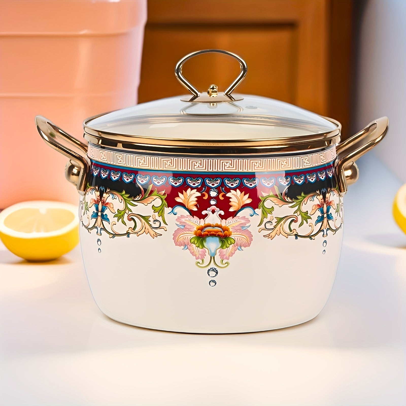 Non-Stick Enamel Saucepan with Glass Lid and Dual Handles Dishwasher Safe for Soup and Pasta