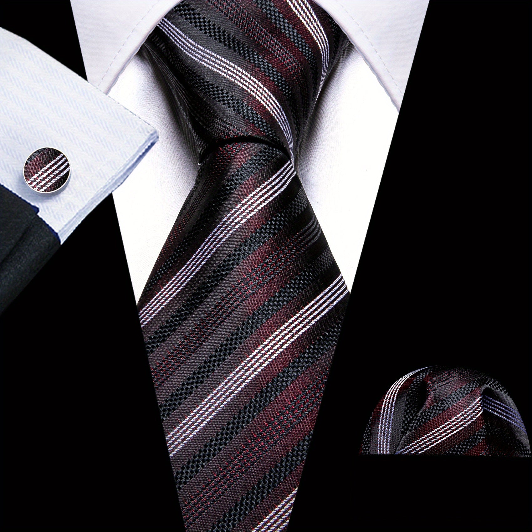Barry.Wang Men's Business Classic Trendy Ties Hanky Cufflinks Set - Striped Neckties for Formal or Casual Wear, Perfect Gift Option