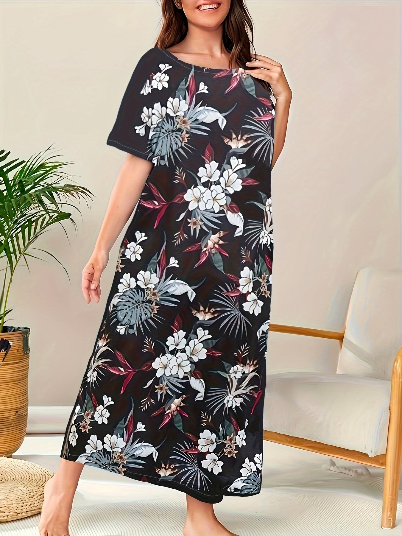 Plus Size Floral Nightgown Polyester Spandex Sleepshirt All-Season Comfortable