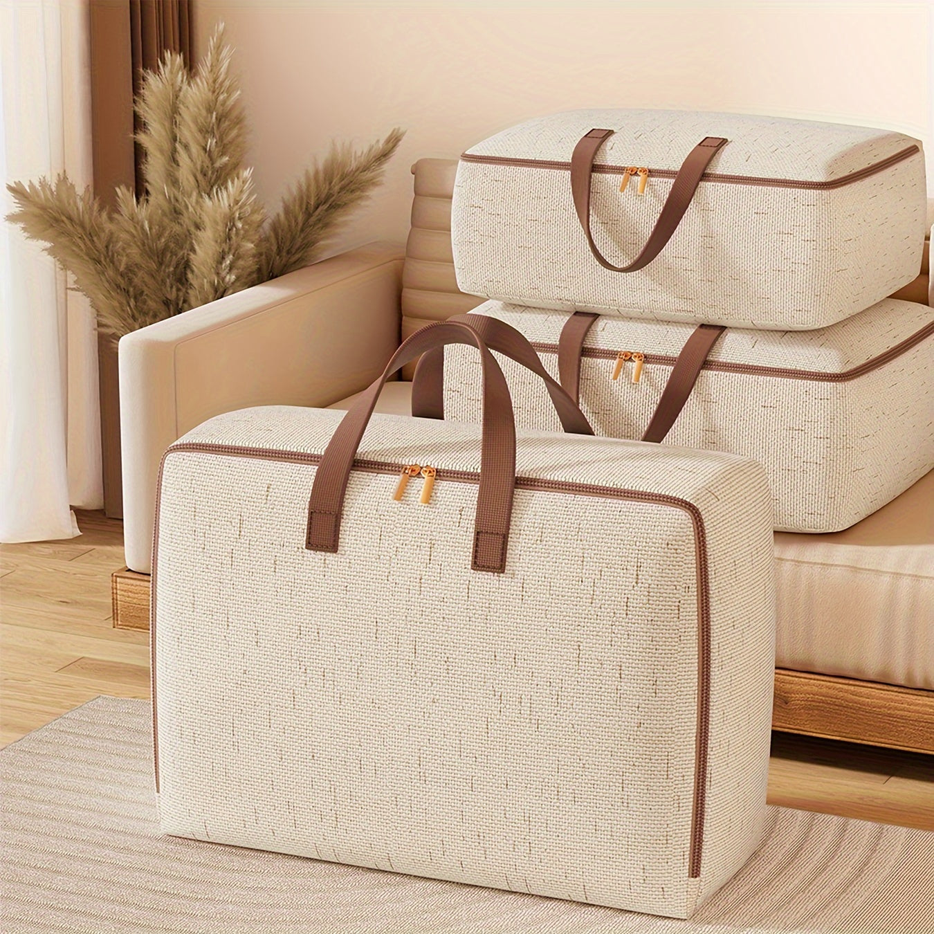 Gran bolsa de almacenamiento beige con asas y cremallera para ropa de cama y almohadas