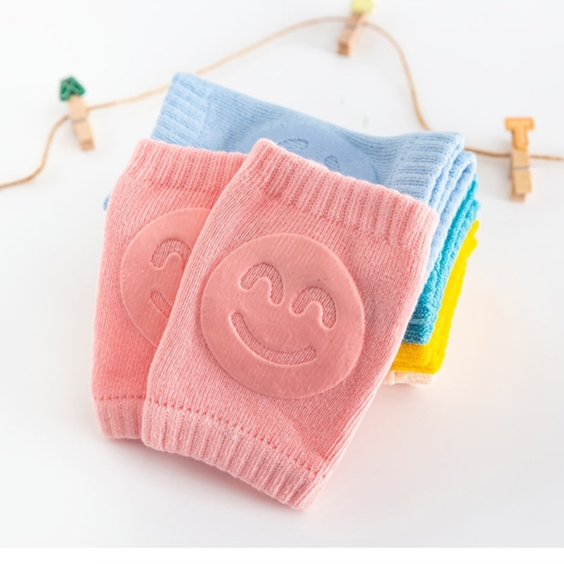 Kids Boys Knitted Knee Pads with Smiley Face for Autumn Winter Blue 100% Cotton