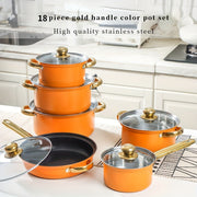 18-Piece Stainless Steel Cookware Set Non-Stick Pots and Pans with Golden Handles