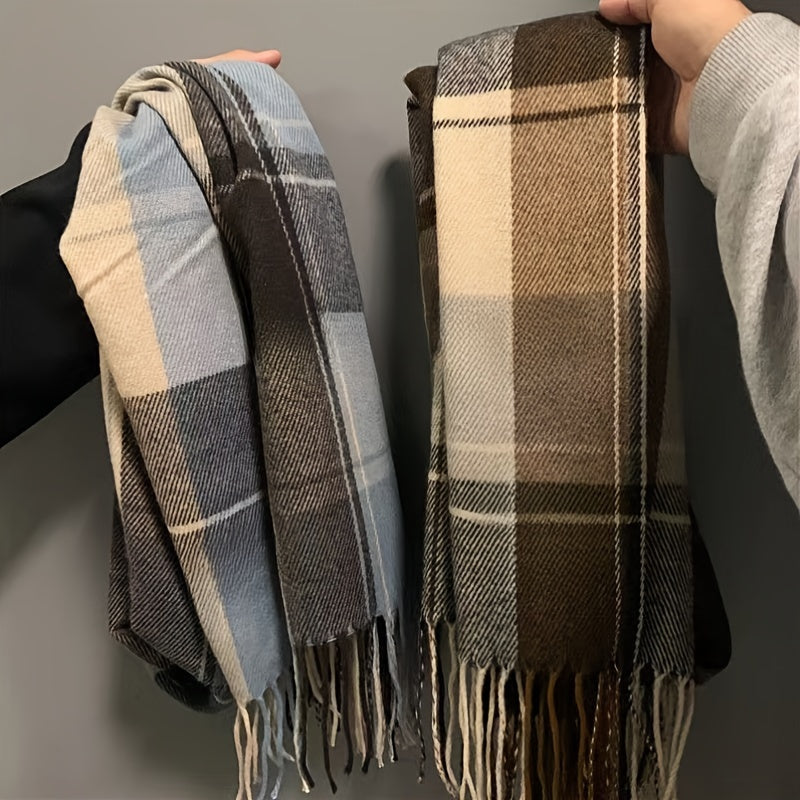 Men's Warm Fringe Hem Plaid Scarf for Winter Cold Weather Accessories