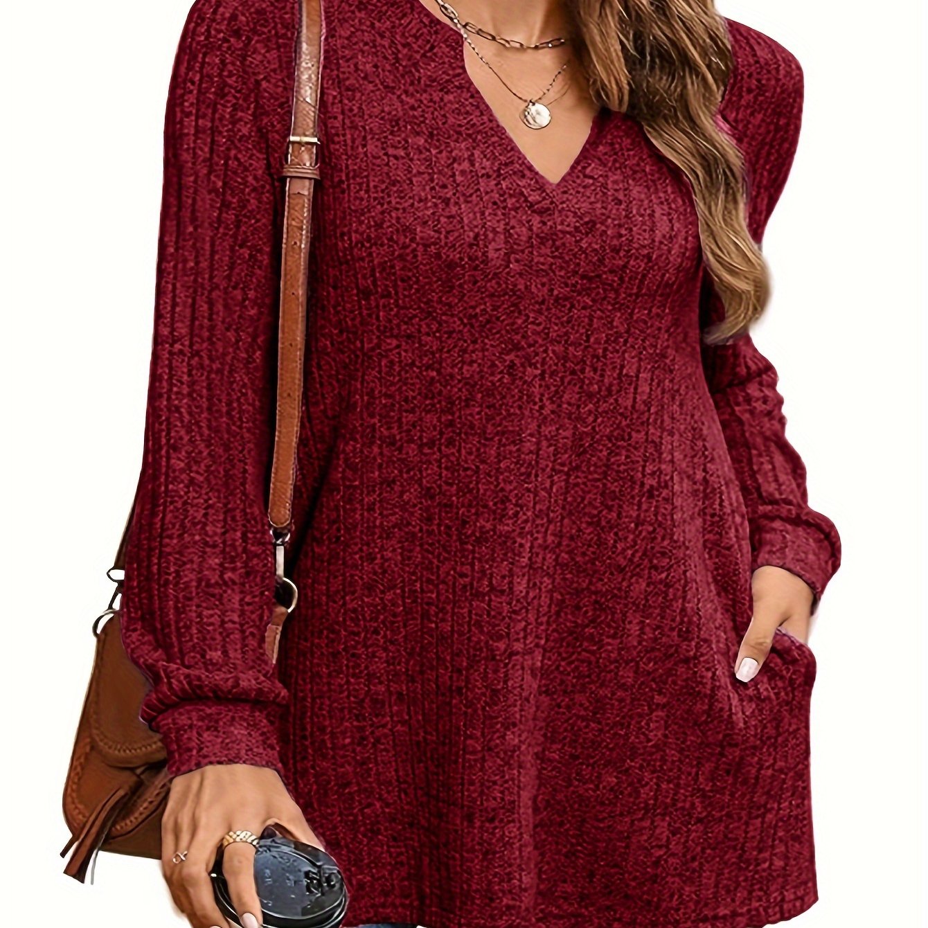 Women's Plus Size Knit Sweater Long Sleeve V-Neck Pockets Fall Winter