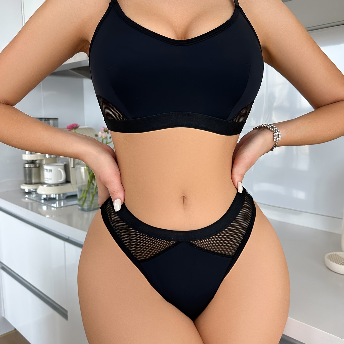 Women's Black Lace High Support Bra and Thong Set Breathable Nylon Elastane Mesh