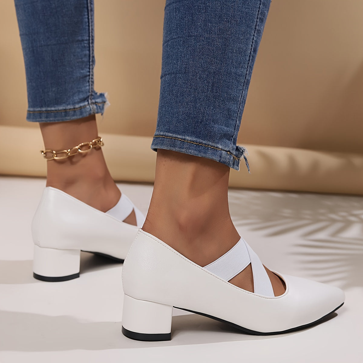 Women's Black Pointed Toe Pumps with Cross Straps and Chunky Heel