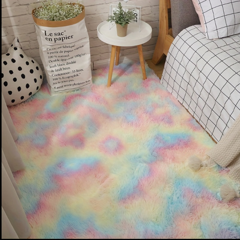 Alfombra de felpa ultra suave con teñido tie-dye para dormitorio o sala de estar, lavable a máquina