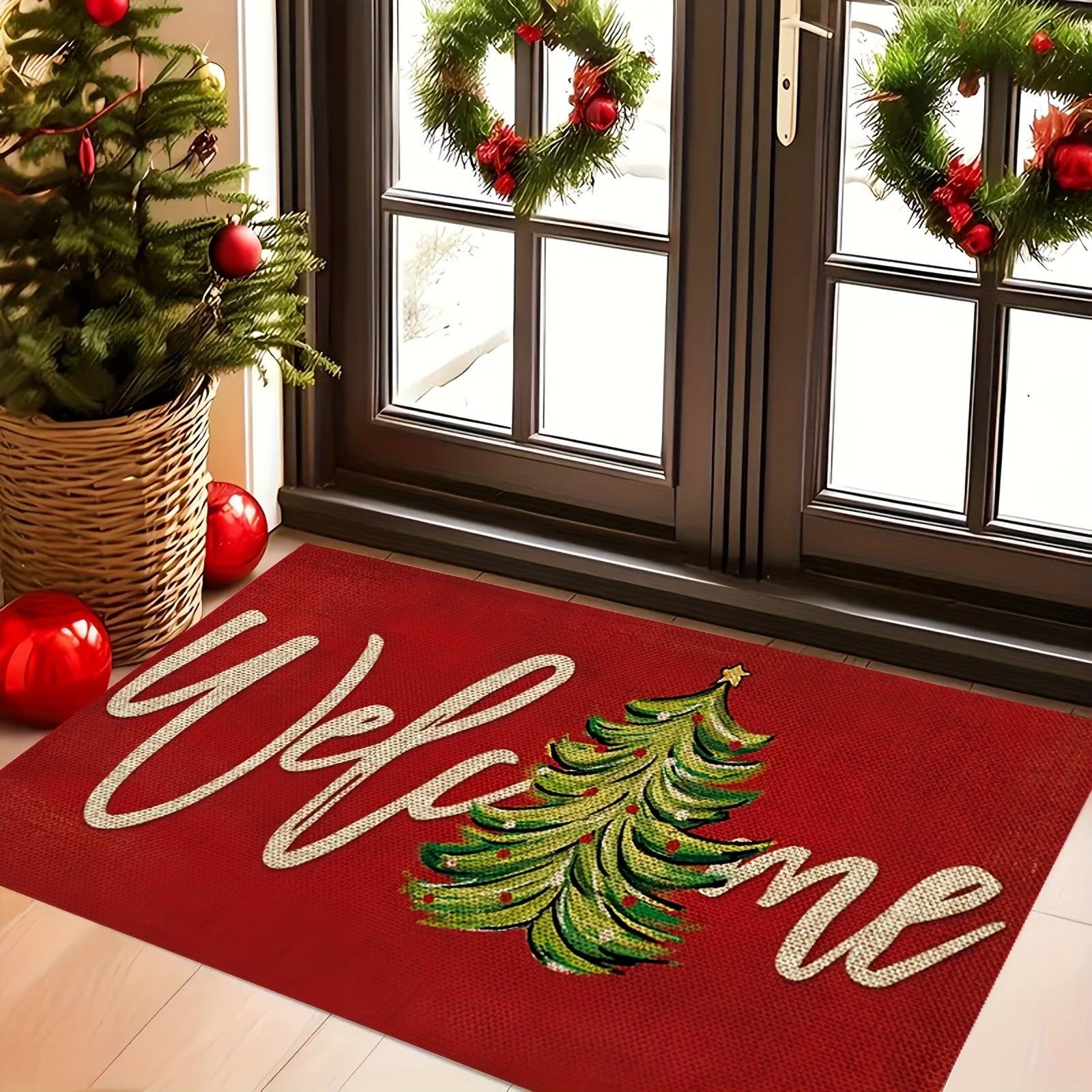 Alfombra de puerta para vacaciones de Navidad, terciopelo, antideslizante, entrada, dormitorio, cocina, baño, decoración