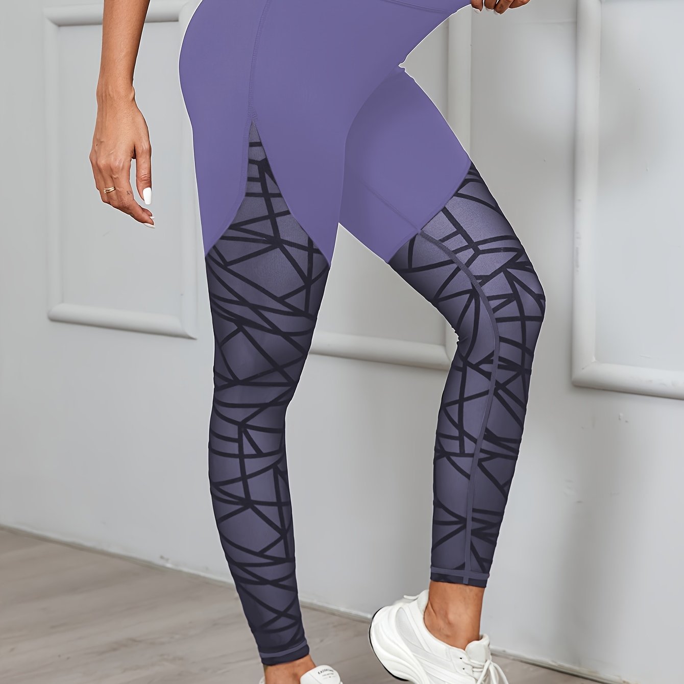 Women's High Waist Geometric Mesh Leggings for Yoga and Fitness Medium Stretch Polyester